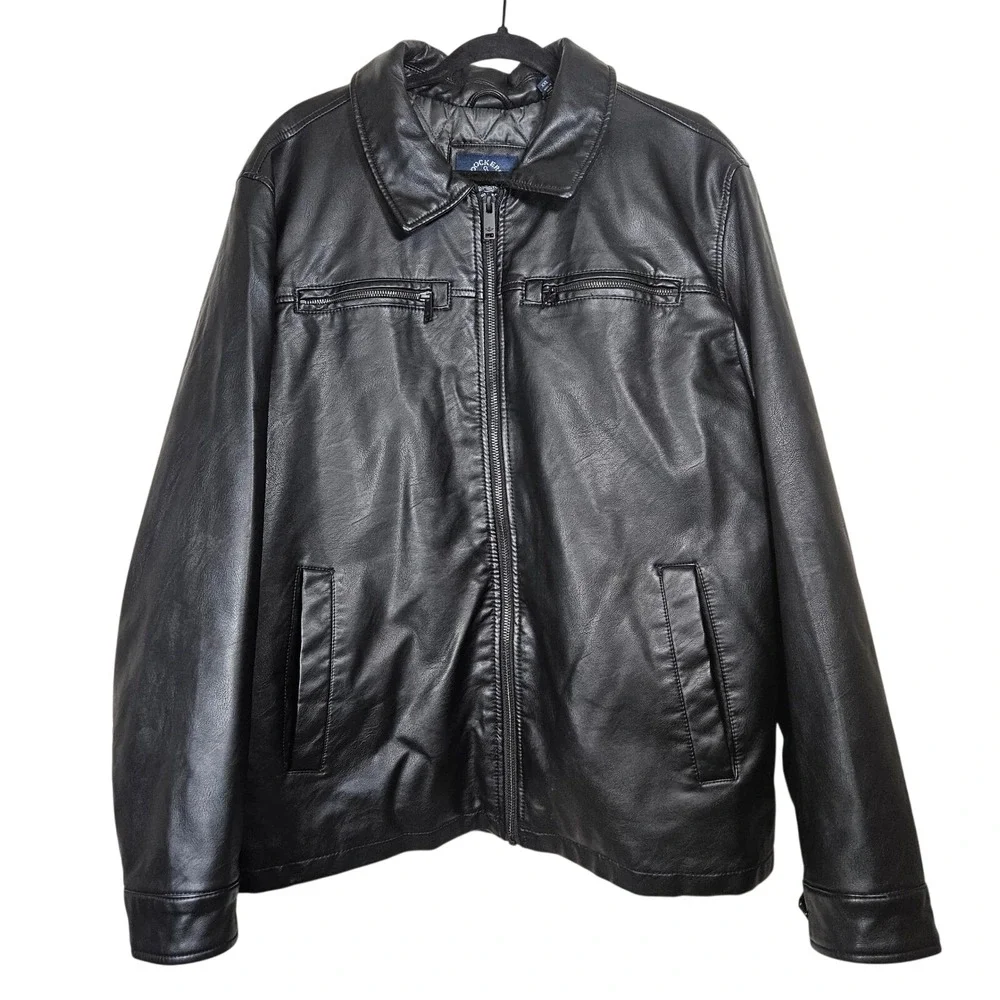 VTG 90s DOCKERS Black Faux Leather Bomber Jacket XXL Oversized Boxy Grunge Baggy